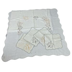 Vintage 60’s Linen Scalloped Edge Embroidered Fall Leaves Tablecloth Napkin Set